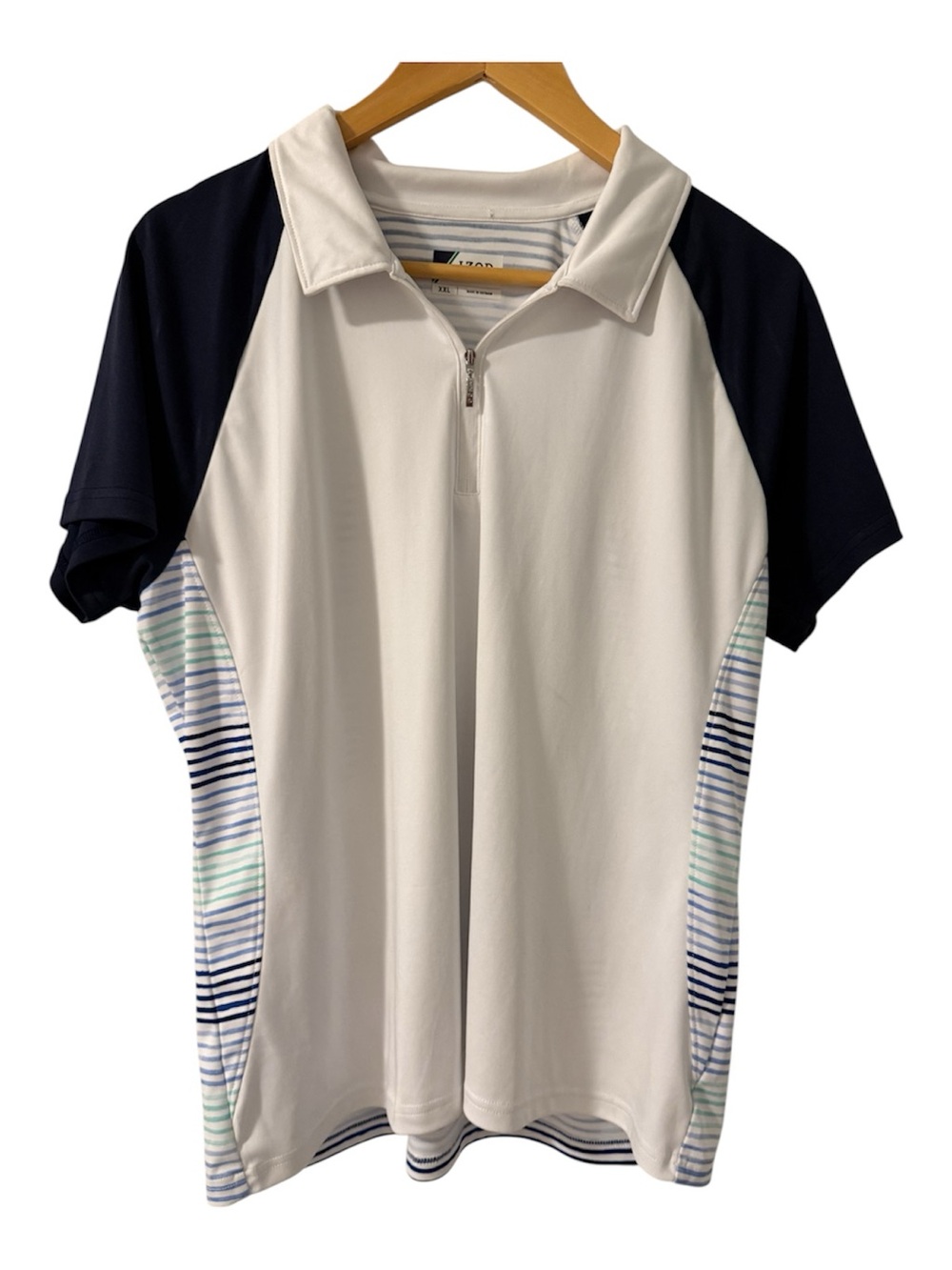 IZOD Golf Women’s XXL Quarter Zip Golf Polo Shirt White Navy Blue Stripe